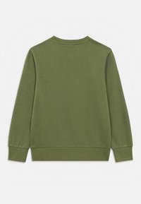 Πράσινη βαμβακερή φανέλα με στρογγυλή λαιμόκοψη, μακριά μανίκια και ριμπ λεπτομέρειες στα μανίκια και στο κάτω μέρος. Λείος υφής, μονόχρωμη, χωρίς σχέδια ή διακοσμητικά στοιχεία.