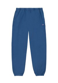 Blauwe joggingbroek van zacht materiaal, met een elastische tailleband, twee zijzakken, geribbelde boorden en een klein logo op de linker dij.