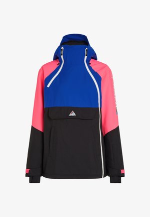 Giacca anorak color-block con parte superiore blu, spalle rosa e sezione inferiore nera. Include una tasca anteriore e cappuccio regolabile.