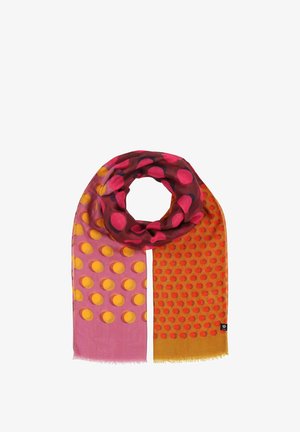 Multicolored scarf featuring large, round polka dots in pink, orange, and burgundy on a semi-transparent, textured fabric with fringe edges.