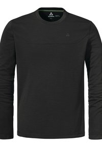 Schwarzes langärmliges Shirt aus strukturiertem Stoff. Hat einen runden Halsausschnitt, ein horizontales Panel über der Brust und minimale Markenkennzeichnung.