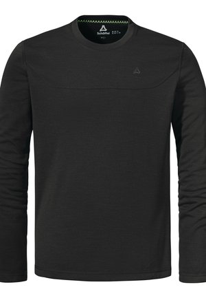 Schwarzes langärmliges Shirt aus strukturiertem Stoff. Hat einen runden Halsausschnitt, ein horizontales Panel über der Brust und minimale Markenkennzeichnung.