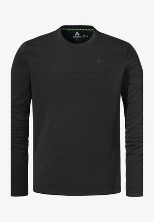 Schwarzes langärmliges Shirt aus strukturiertem Stoff. Hat einen runden Halsausschnitt, ein horizontales Panel über der Brust und minimale Markenkennzeichnung.