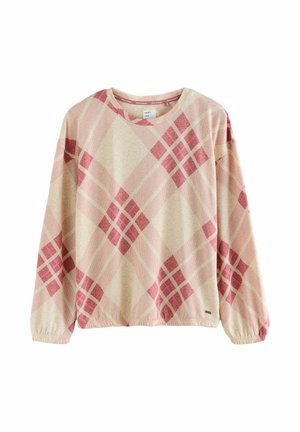 Lyserød sweatshirt med et diamantternet mønster i mørkerød og beige, med lange ærmer og elastiske manchetter for en afslappet pasform.