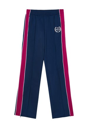 Navy Sporthosen mit pinkem Seitenstreifen und weißen Akzenten. Sie verfügen über einen elastischen Bund und ein Boston-Logo auf der Vorderseite.