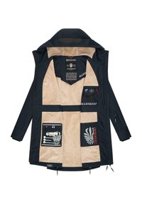 Navy jacket with a beige, soft inner lining. Features multiple pockets, a wide collar, and a zippered front. Brand logo visible.