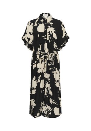 Czarna i biała sukienka midi w kwiaty z krótkimi falbankowymi rękawami, zapinana na guziki z przodu, z kołnierzykiem i paskiem do wiązania w talii.