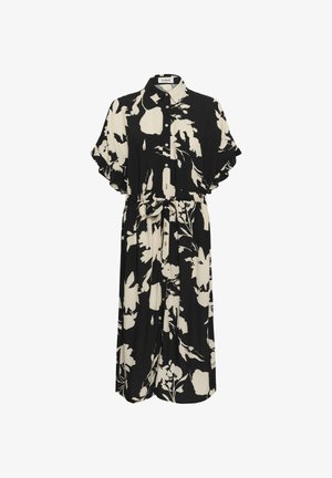 Czarna i biała sukienka midi w kwiaty z krótkimi falbankowymi rękawami, zapinana na guziki z przodu, z kołnierzykiem i paskiem do wiązania w talii.