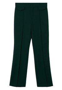 Pantalons verts ajustés avec une coupe droite, dotés de deux poches avant et de plis, fabriqués dans un tissu lisse à texture mate.