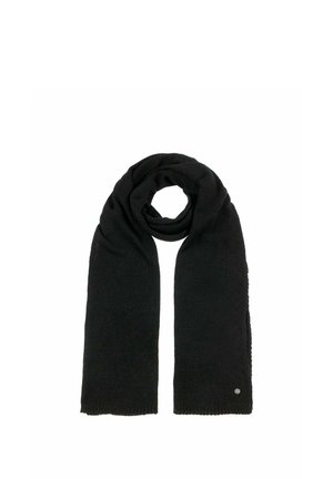 Black knitted scarf folded with a loop in the center and a small round silver emblem on one end, displayed on a white background.