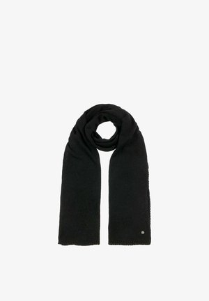 Black knitted scarf folded with a loop in the center and a small round silver emblem on one end, displayed on a white background.