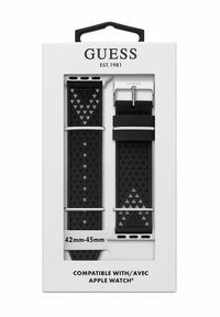 Svarta klockarmband i gummi med ett triangulärt mönster, storlek 42 mm-45 mm, med silverfärgade beslag, förpackade i en vit låda med varumärke.