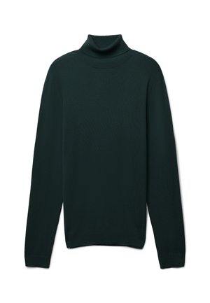 Dunkelgrüner Rollkragenpullover aus einem weichen, gestrickten Material. Mit langen Ärmeln und einem gerippten Kragen sowie Bündchen.