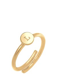 Goldfarbener Ring mit einem verstellbaren, offenen Design. Er besitzt eine runde Scheibe, die mit dem Buchstaben "L" graviert ist, und hat eine glatte, polierte Oberfläche.