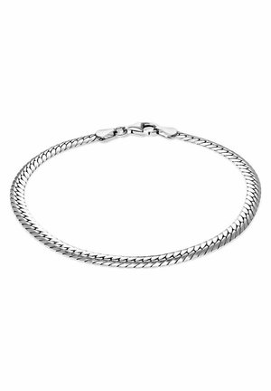 Silberne Kettenarmband mit geflochtenem Design, glatter Textur und sicherem Verschluss. Flache Form mit polierter Oberfläche.