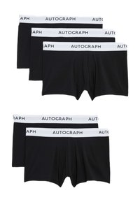 Czarne bokserki z białym elastycznym paskiem oznaczonym napisem "AUTOGRAPH." Miękki materiał, dopasowany krój, charakteryzujący się krótką długością nogawek i bez widocznych wzorów.