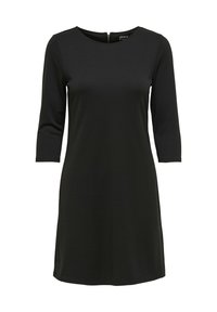 Robe noire longueur genou avec manches trois-quarts et col rond, en tissu lisse, présentée sur fond blanc uni.