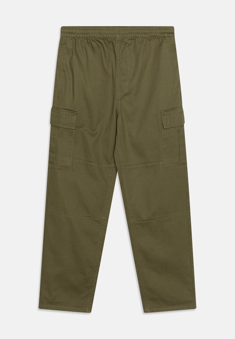 Olivengrønne cargobukser med elastisk talje, to sidelommer og en glat, mat tekstur.