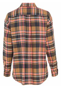 Chemise boutonnée à manches longues avec col, présentant un motif à carreaux marron, orange, noir et blanc, vue de dos.