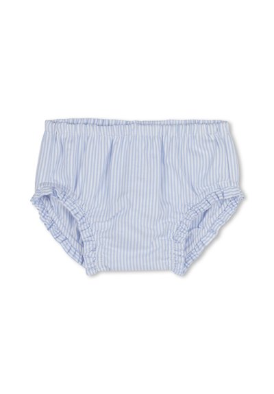 Bas de maillot de bain rayé bleu clair et blanc avec un élastique froncé à la taille et aux jambes, fabriqué en tissu léger.