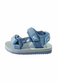 Blå sandaler med justerbara remmar, övre del i texturerad tyg och gummisula. Har ett lekfullt fiskmönster på insidan. Lättviktig design.