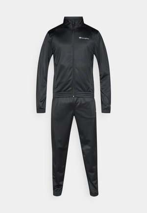 Fekete tréningruha sima, könnyű anyagból. Cipzáras kabát álló gallérral és rugalmas derekú nadrágokkal.