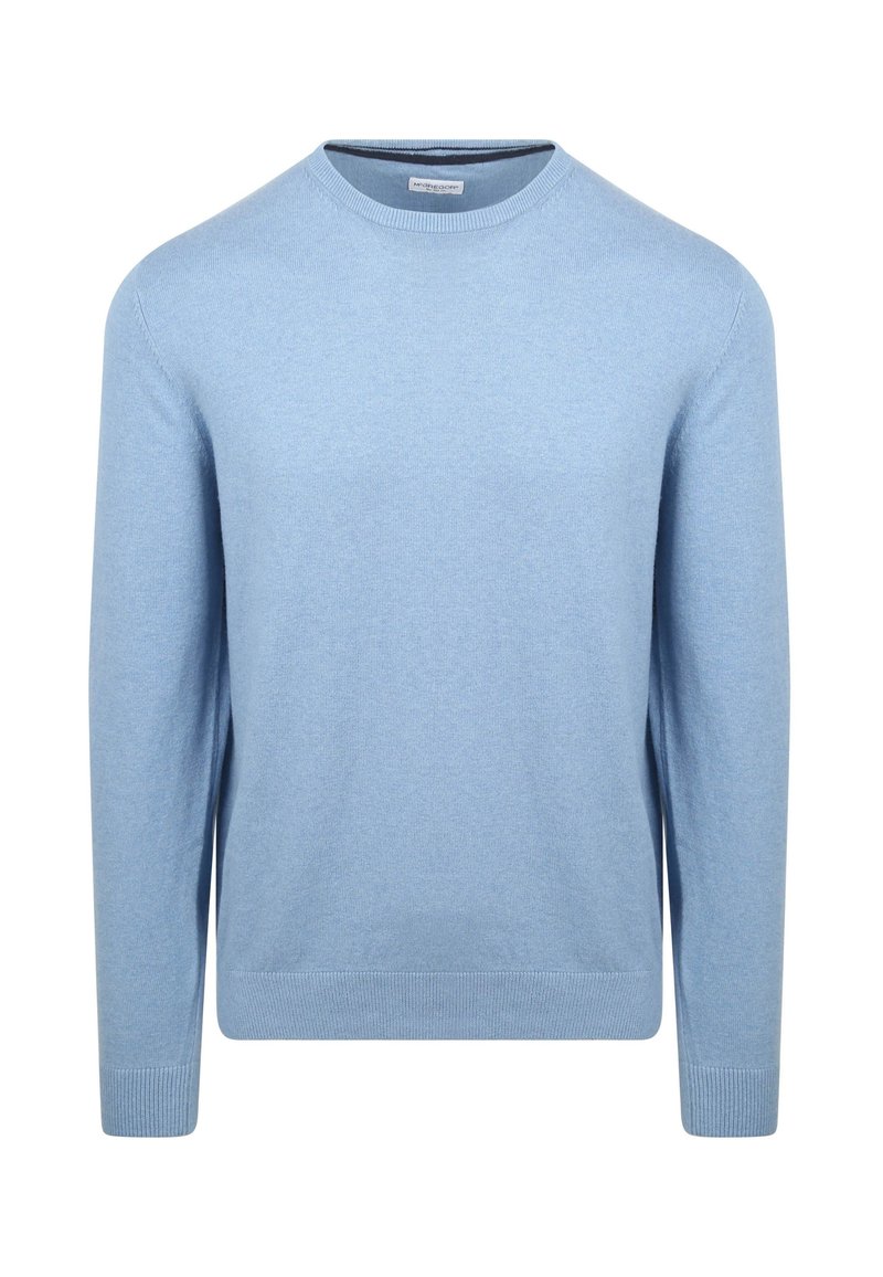 Light blue sweater made of soft fabric, featuring a crew neck, long sleeves, and ribbed cuffs and hem. Simple, solid color design.