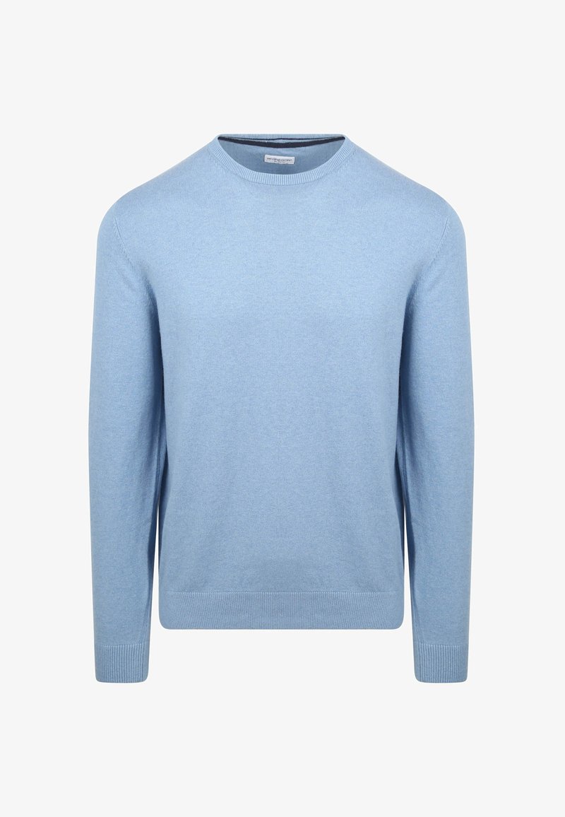 Light blue sweater made of soft fabric, featuring a crew neck, long sleeves, and ribbed cuffs and hem. Simple, solid color design.