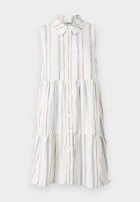 Robe blanche sans manches avec des rayures verticales bleues et marron, ouverture boutonnée au devant, col et jupe à étages.