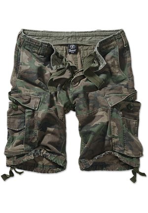 Pantaloni cargo mimetici nei toni del verde e del marrone, con numerose tasche laterali, lacci in vita regolabili e un tessuto testurizzato.