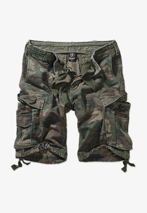 Kamuflažne cargo kratke hlače v odtenkih zelene in rjave, ki imajo več stranskih žepov, nastavljive pasne trakove in teksturirano tkanino.