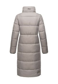 Light gray puffer coat with a high collar, featuring horizontal quilting, long sleeves, and side zippers. Brand logo on the collar.