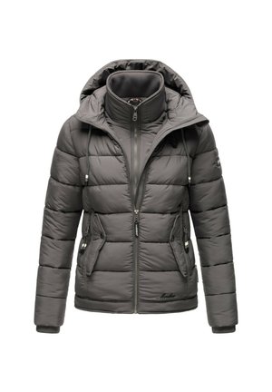 Dark gray padded winter jacket with hood, high collar, front zipper, side pockets with buttons, and drawstrings on hood.