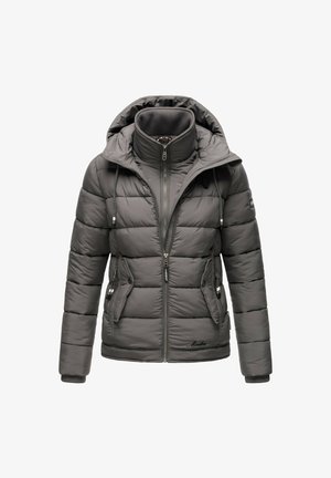 Dark gray padded winter jacket with hood, high collar, front zipper, side pockets with buttons, and drawstrings on hood.