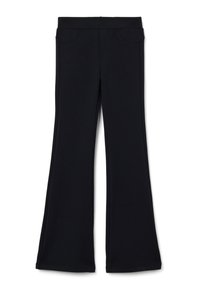 Pantaloni neri a svasare realizzati in tessuto morbido ed elastico. Presentano due tasche anteriori e una cintura elastica. Texture liscia con una vestibilità sartoriale.