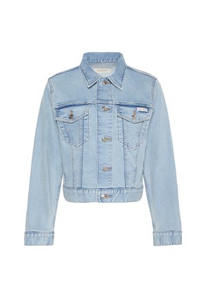 Φωτεινό μπλε cropped denim μπουφάν με κουμπιά μπροστά, δύο τσεπάκια στο στήθος με κουμπιά, μακριά μανίκια και ετικέτα Calvin Klein στην αριστερή τσέπη.