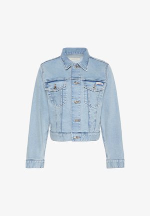 Φωτεινό μπλε cropped denim μπουφάν με κουμπιά μπροστά, δύο τσεπάκια στο στήθος με κουμπιά, μακριά μανίκια και ετικέτα Calvin Klein στην αριστερή τσέπη.