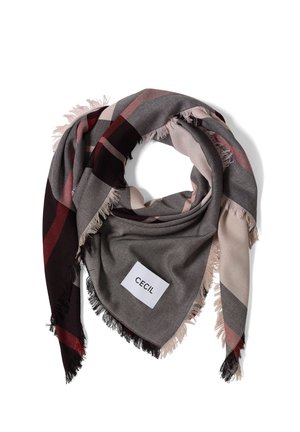 Square scarf with fringed edges, featuring a grey, black, red, and beige checkered pattern and a white label reading "CECIL".