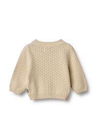 Pull en tricot beige avec un motif texturé, encolure arrondie, manches trois-quarts et ourlet côtelé. Fentes latérales pour plus de confort.