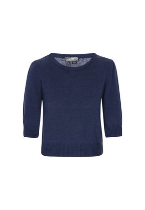 Tamsiai mėlynas megztinis su trumpomis rankovėmis, apvaliu kaklu, raukšlėtais rankovių galiukais ir apačia. Minkšta tekstūra ir klasikinis kirpimas. Prekės ženklas viduje.