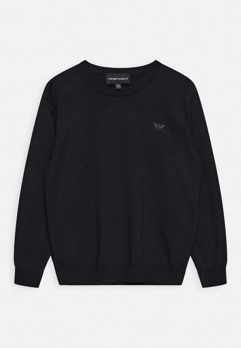 Pull noir à manches longues avec col rond, poignets et ourlet côtelés, avec un petit logo brodé sur la poitrine gauche.