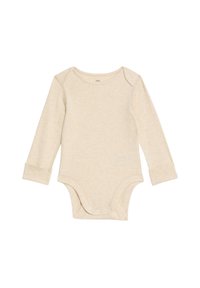 Beige långärmad baby bodysuit i mjukt material, rund hals och tryckknappar i botten för enkel byte.