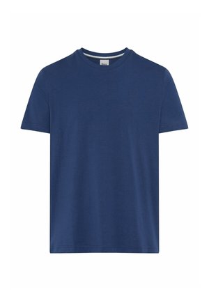 Effen donkerblauw T-shirt met korte mouwen en een ronde hals, rechte zoom en een klein merkje aan de binnenkant van de kraag.