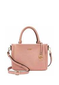 Rosa Lederhandtasche mit doppelten Griffen, abnehmbarem Schulterriemen, goldfarbener Hardware und einem charakteristischen Charm. Feste Struktur und glatte Oberfläche.