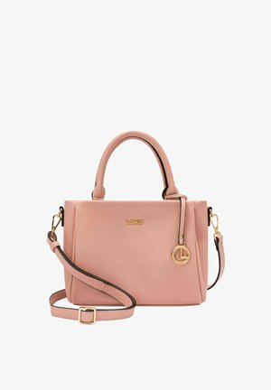 Roze leren handtas met dubbele handvatten, afneembare schouderband, gouden hardware en een merksieraad. Gladde textuur en gestructureerde vorm.