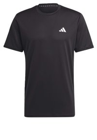 Svart kortärmad sport T-shirt i andningsbart material, med en vit logotyp på bröstet och triangulära detaljer på kragen.