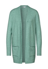 Cardigan vert clair en matériau doux, avec un devant ouvert, des manches longues, des poignets côtelés et deux poches avant.