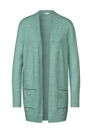 Lichtgroene cardigan van zacht materiaal, met een open voorkant, lange mouwen, geribbelde manchetten en twee voorzakken.