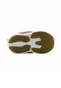 Shoe sole features a textured design with a white base and brown rubber traction pattern, accented by golden flecks in the material.