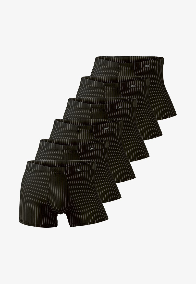 Zwarte gestreepte boxers, gemaakt van een zachte stof met witte streepjes en een comfortabele elastische tailleband. Verpakking van zes.